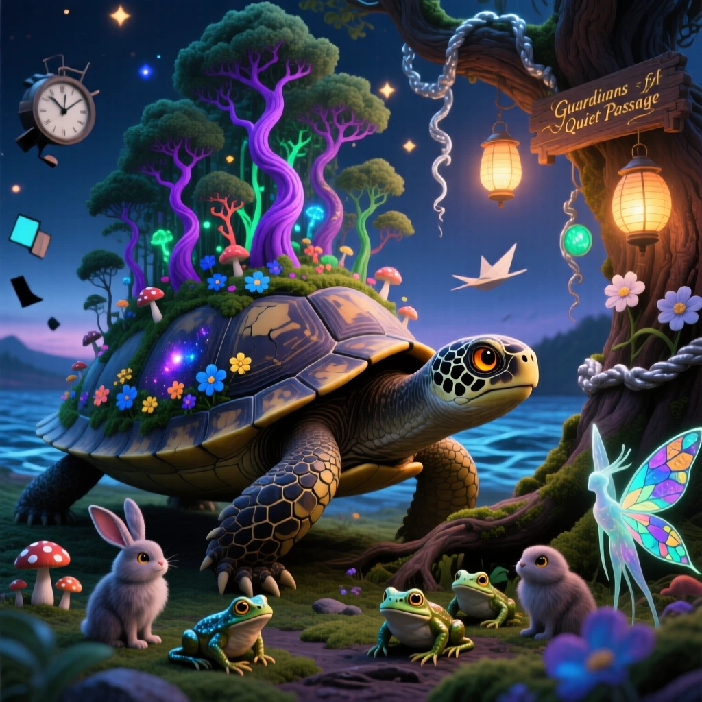 A turtle carrying an entire miniature forest on its shell pauses beneath a tree hung with glowing lanterns, as small creatures gather quietly to watch it pass.