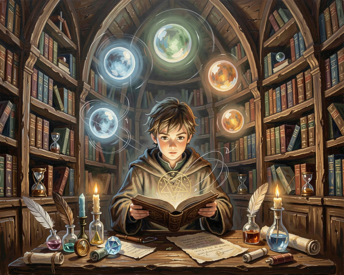 A young sorcerer's apprentice reads from a floating spellbook in a tower library, glowing orbs of light circling above the ancient shelves, small magical details scattered throughout the scene rewarding a closer look.