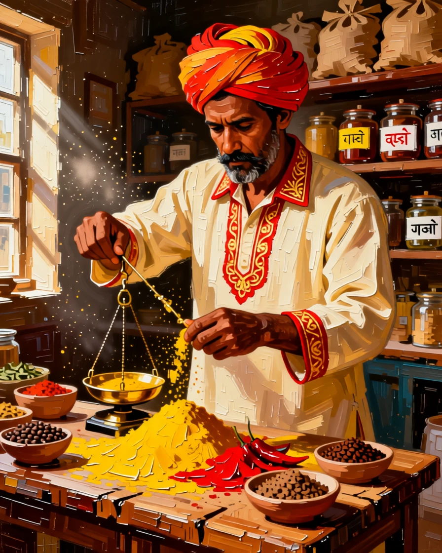 A striking portrait of an Indian spice trader, captured mid-motion, focused entirely on their craft