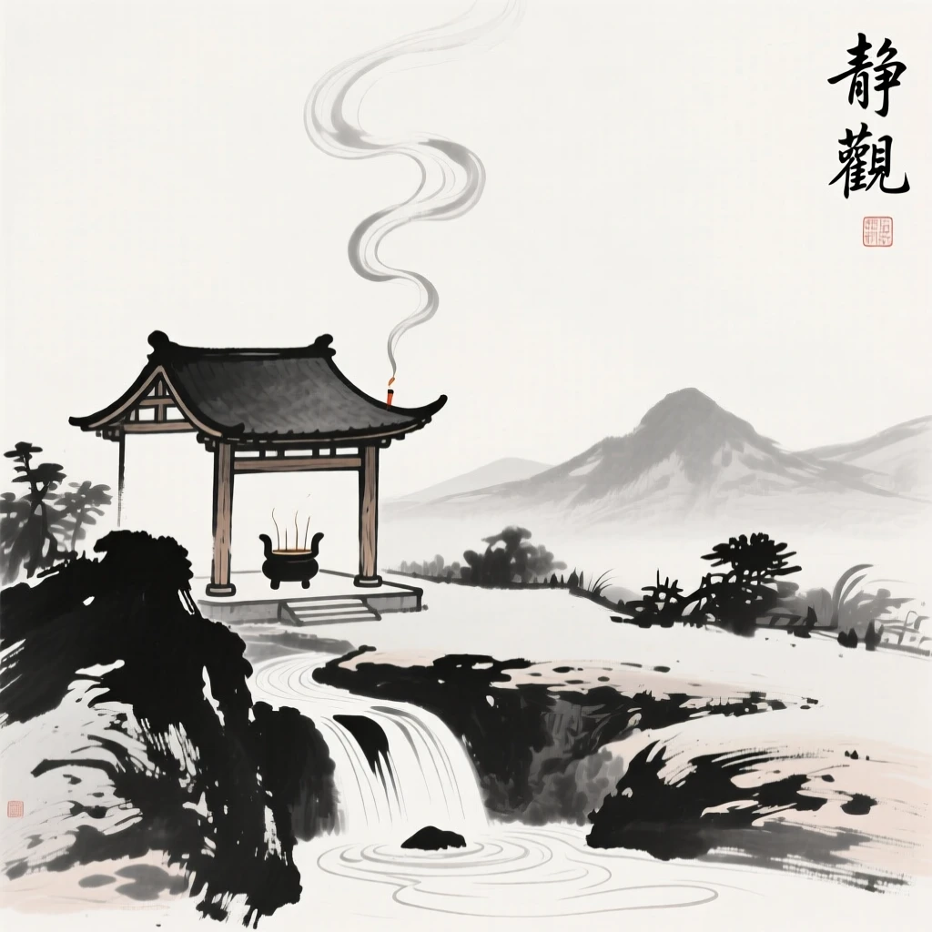A small mountain shrine stands beside a trickling spring, as incense smoke curls upward into the still air.