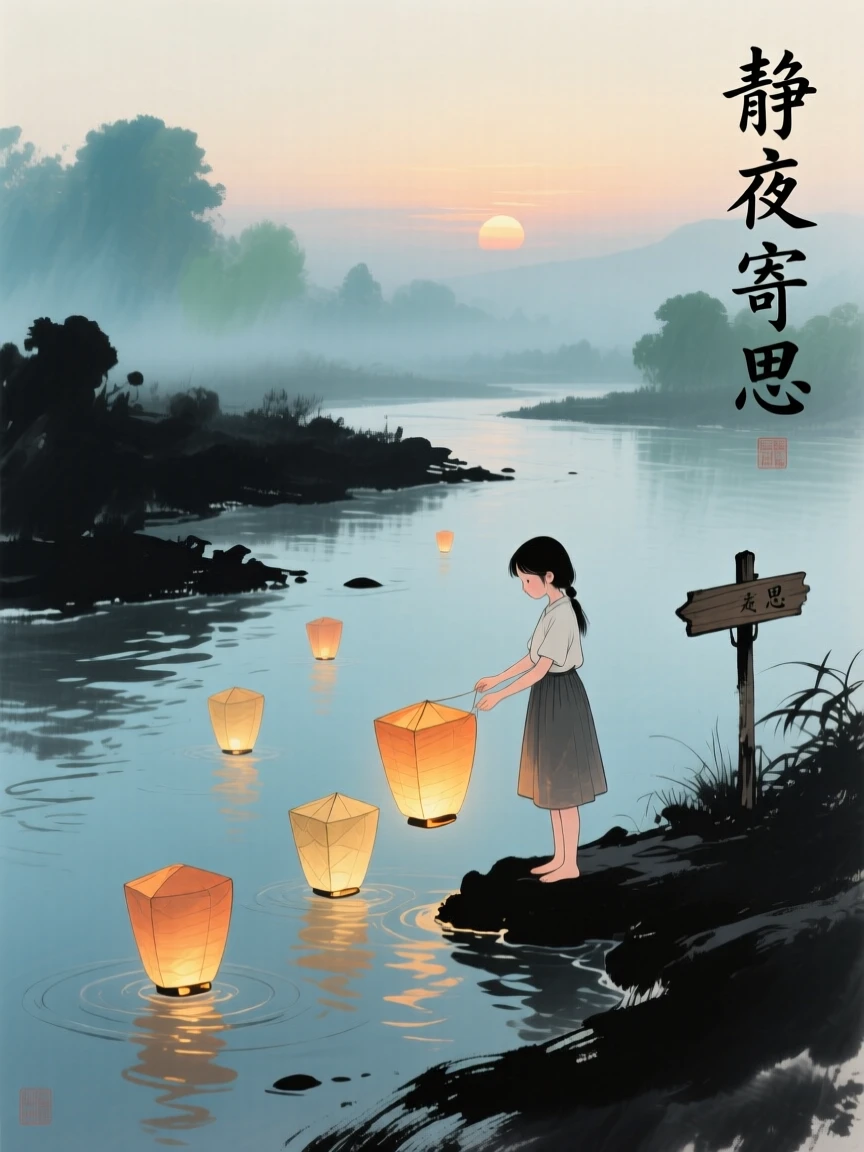 A young girl releasing paper lanterns onto a river at night, in the quiet hour before sunrise, radiating gentle serenity.