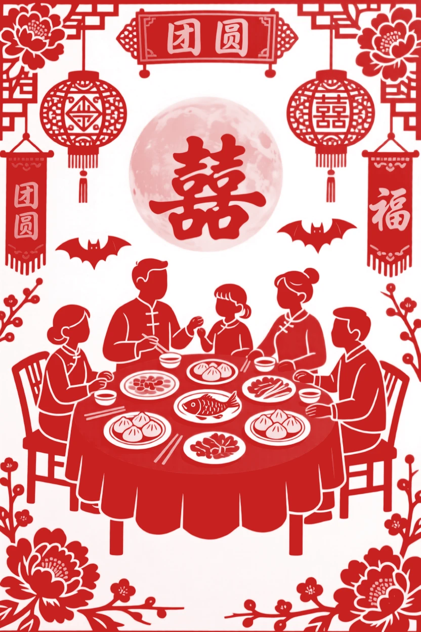 A scene of a family reunion dinner table, where red and gold decorations shimmer in the evening light, with a full moon rising behind paper-cut silhouettes.