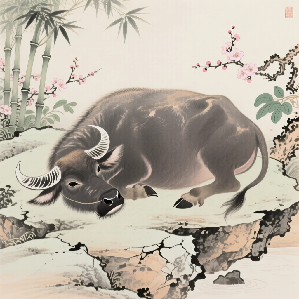 A water buffalo curled up on a sun-warmed garden rock