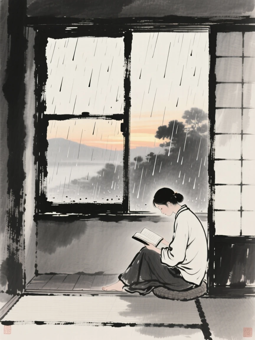 A quiet reading nook beside a rain-streaked window in the fading light of late afternoon, seen from a distance, small and still within the frame, suggesting quiet longing and gentle stillness.