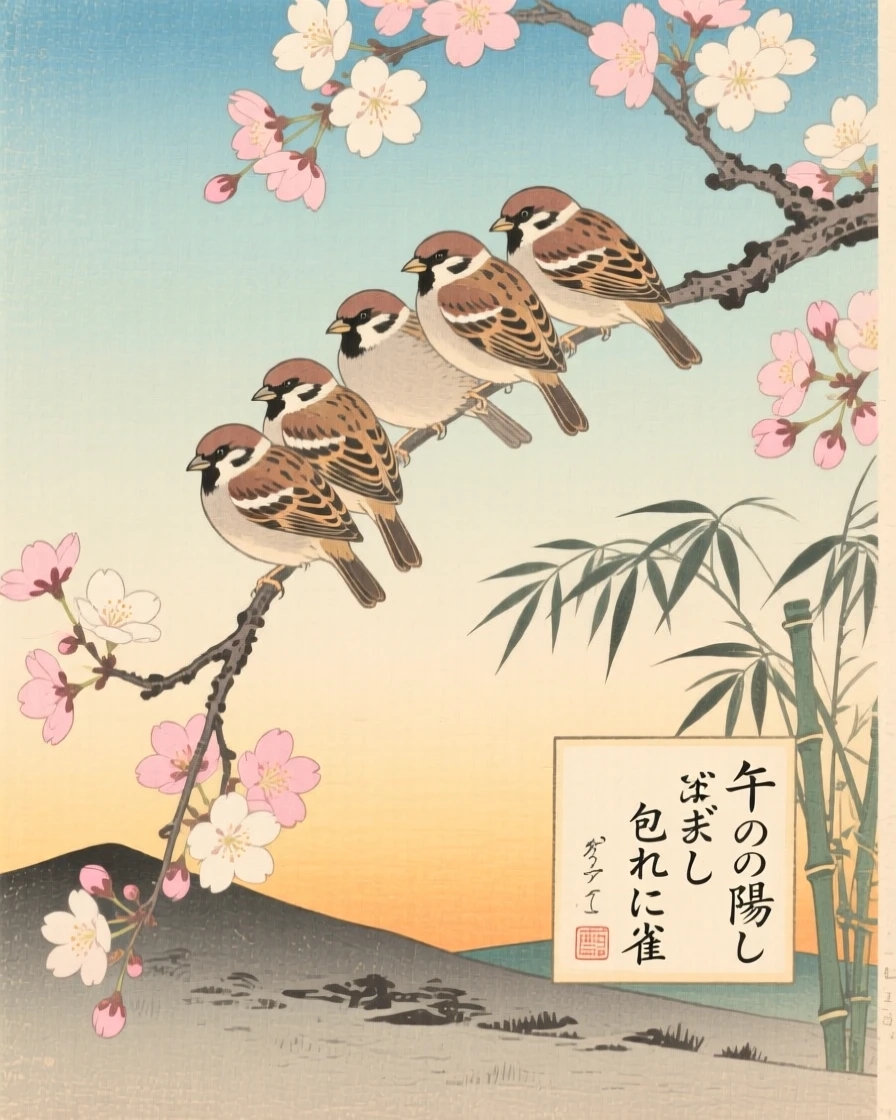Sparrows on a branch curled up in warm afternoon sunlight.