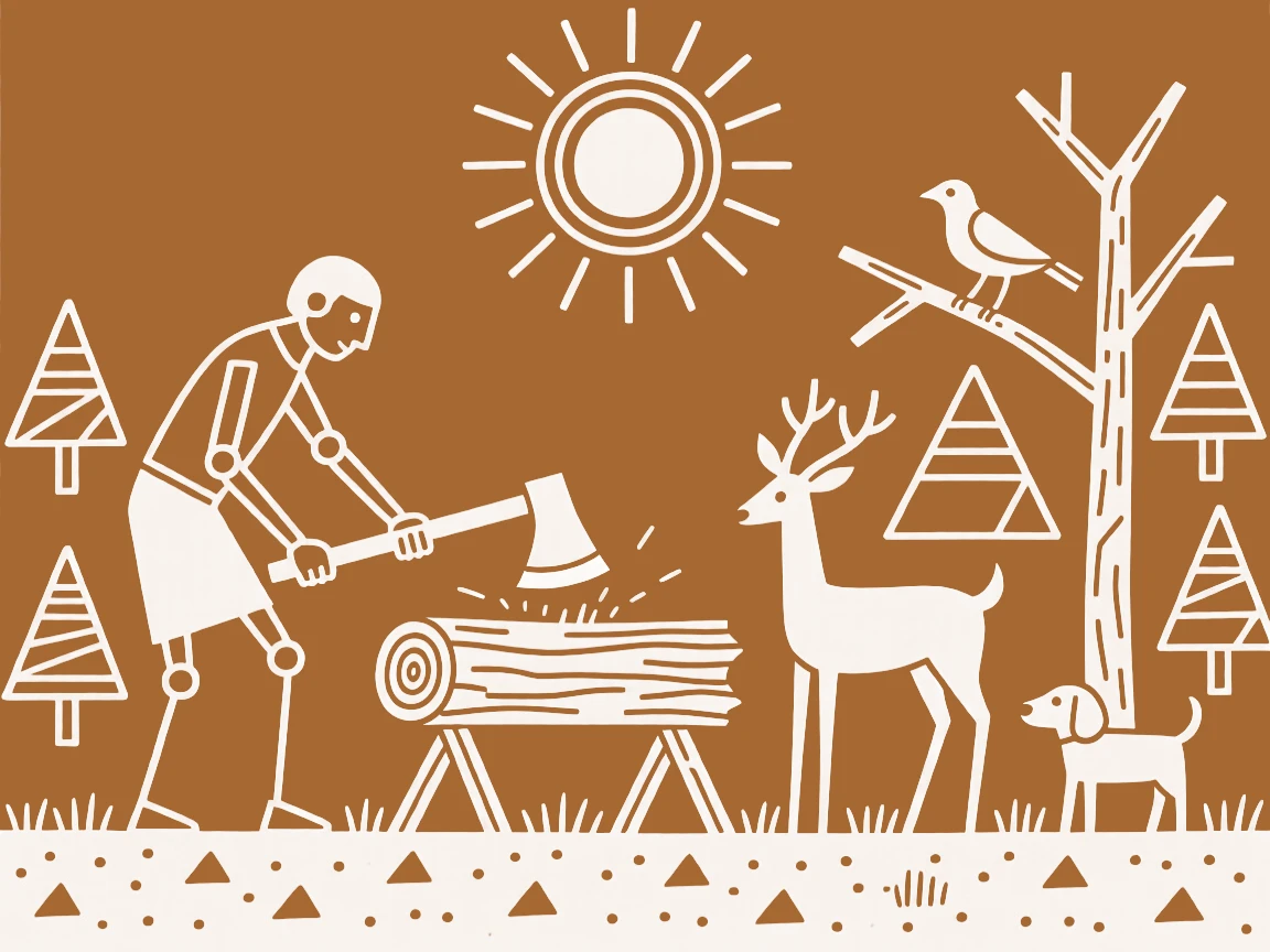A woodcutter carefully shaping his craft at the start of the day.