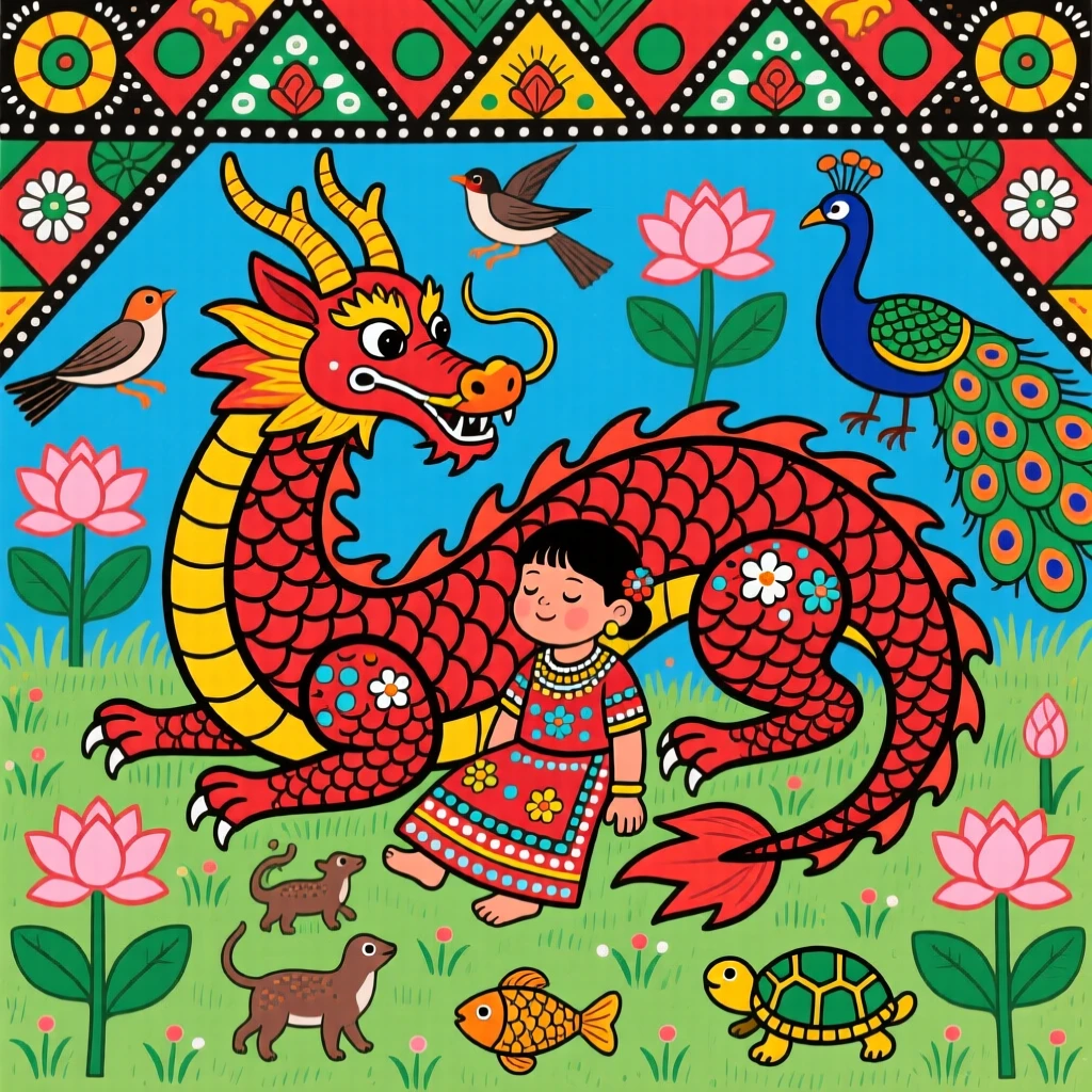 A gentle dragon resting beside a child in a quiet meadow.