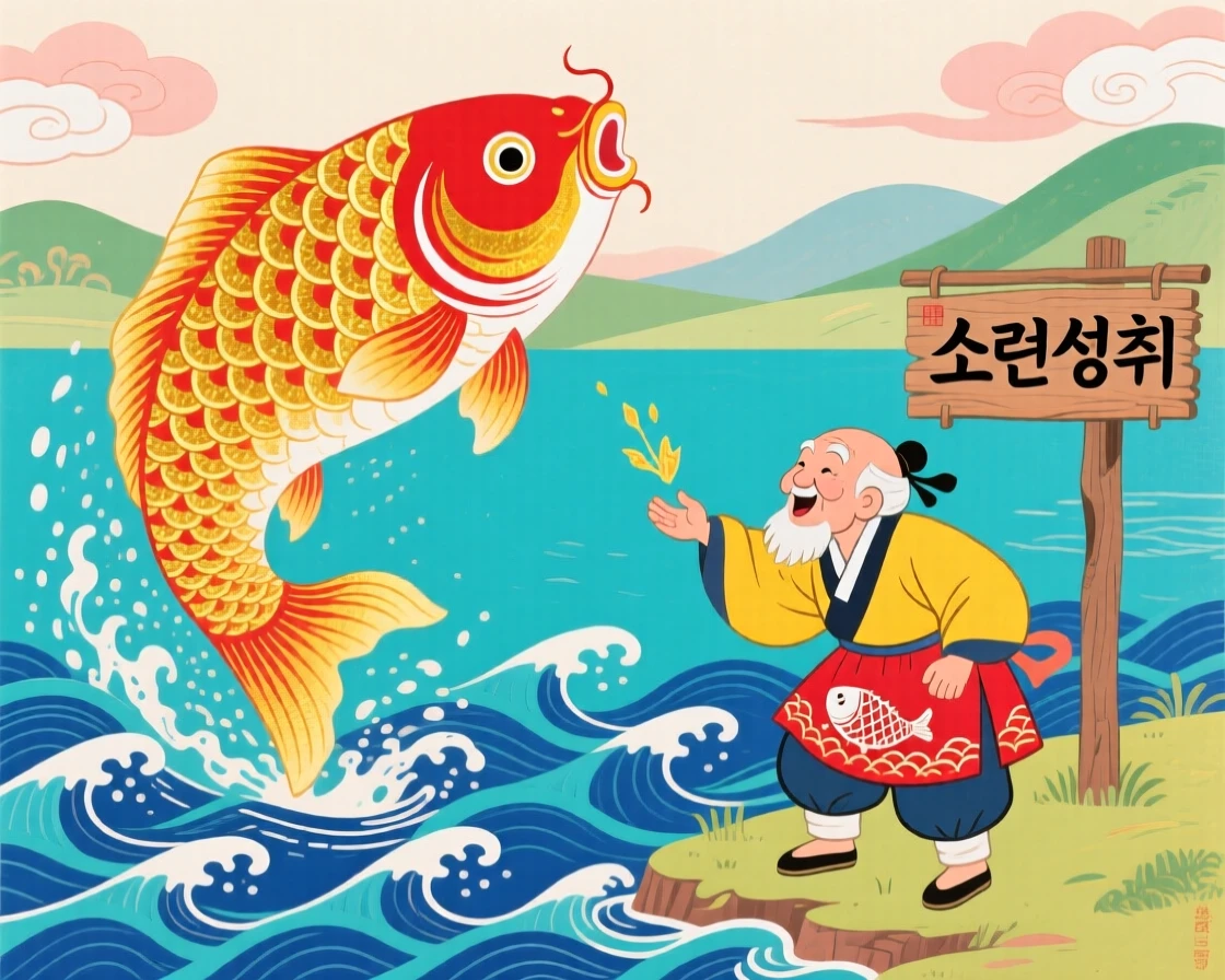 An old fisherman granted a wish by a giant golden carp leaping from the water.