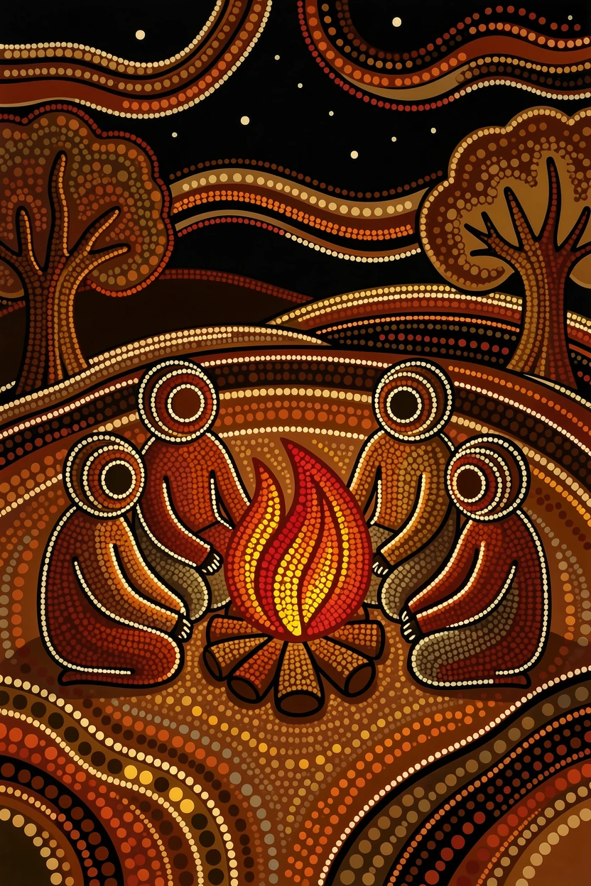 A family gathered around an evening campfire