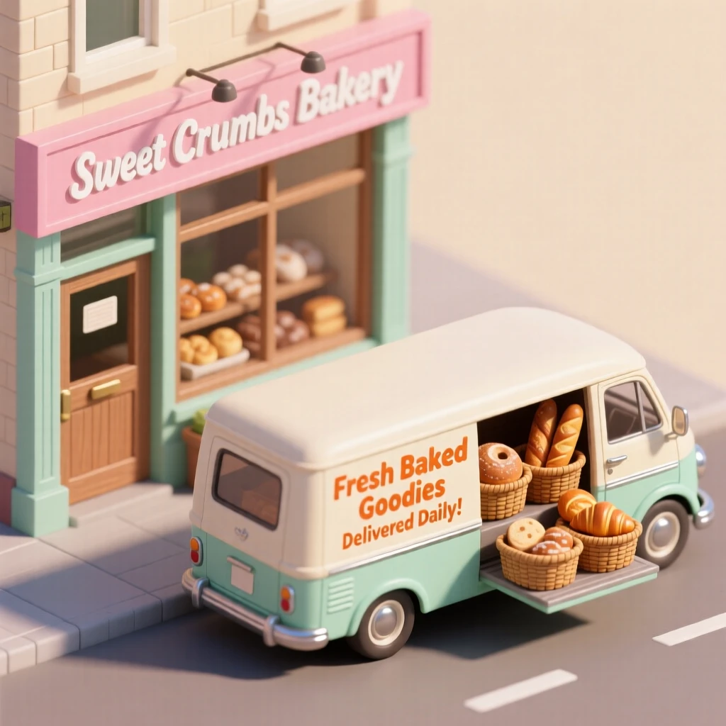 A vintage delivery van parked outside a bakery, its side painted with cheerful lettering, baskets of bread stacked in the back.