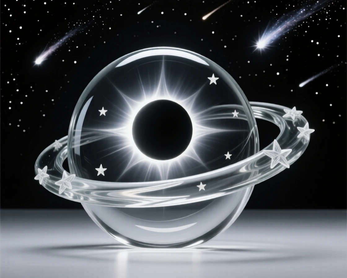 Beneath a sky filled with slowly drifting comets, a solar eclipse casting a corona of light around a darkened sun, while stars flicker gently against the endless dark