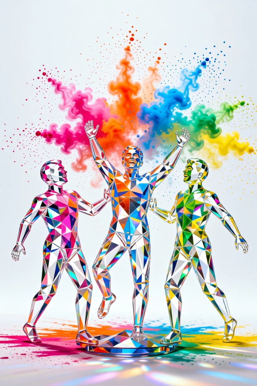 A vibrant Holi festival scene with clouds of colored powder erupting into the air.