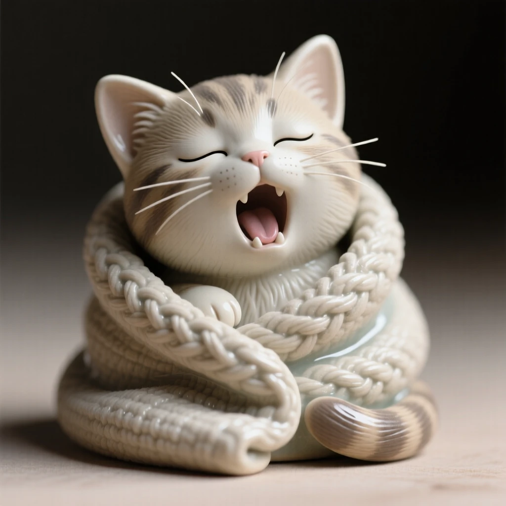 A tiny kitten batting at a ball of yarn captured mid-yawn in a sleepy, sweet moment, wrapped snugly in a soft cozy blanket, evoking pure, heartwarming sweetness.