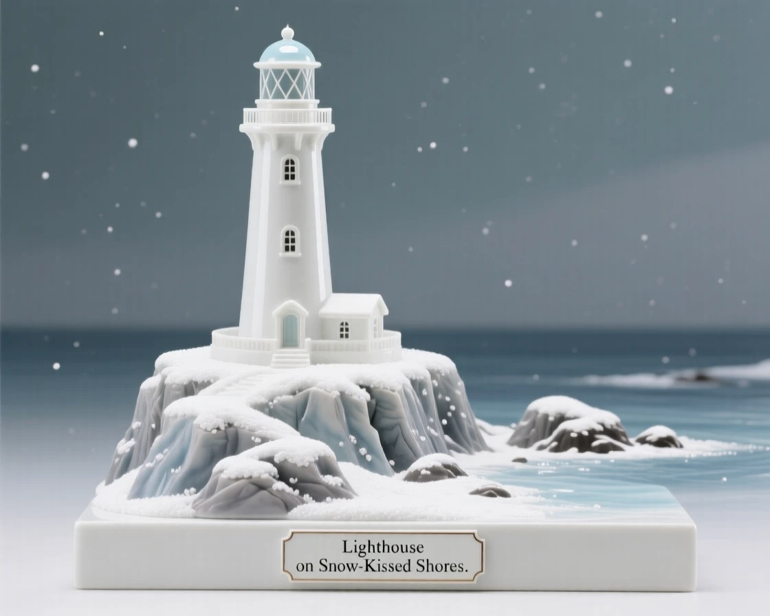A grand view of a lighthouse on a rocky coast, dusted lightly with snow.