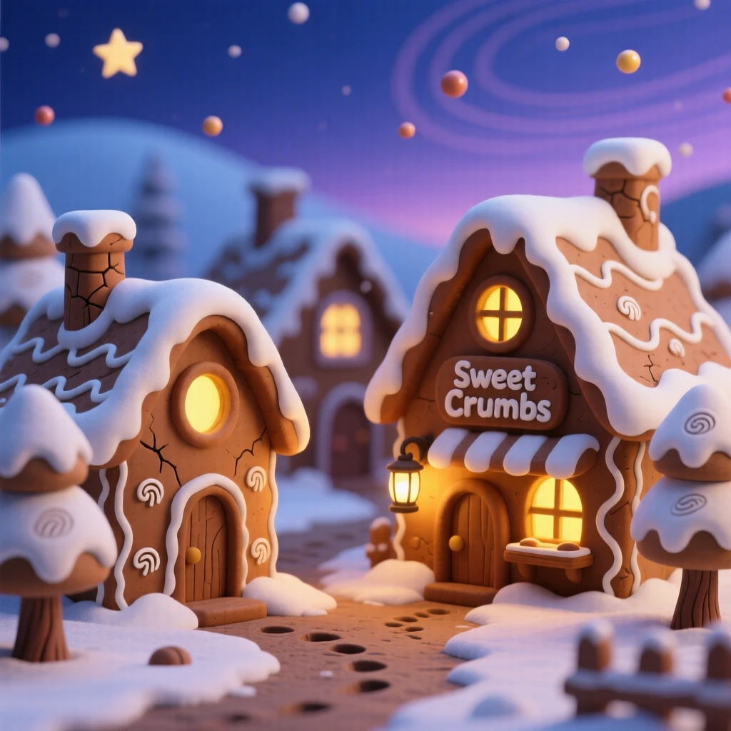 A snow-dusted gingerbread-style village at winter twilight