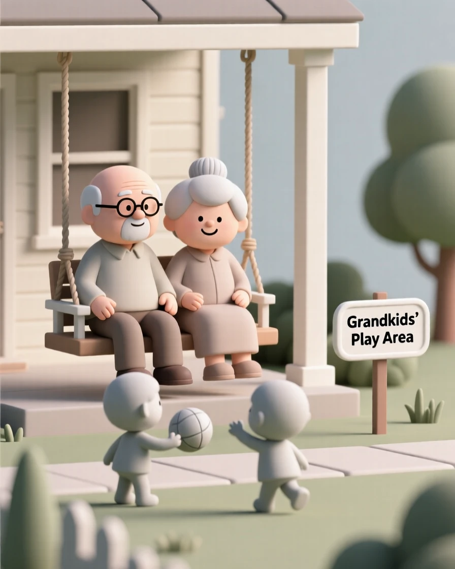 A pair of grandparents rock gently together on a porch swing, watching grandchildren play in the yard below.