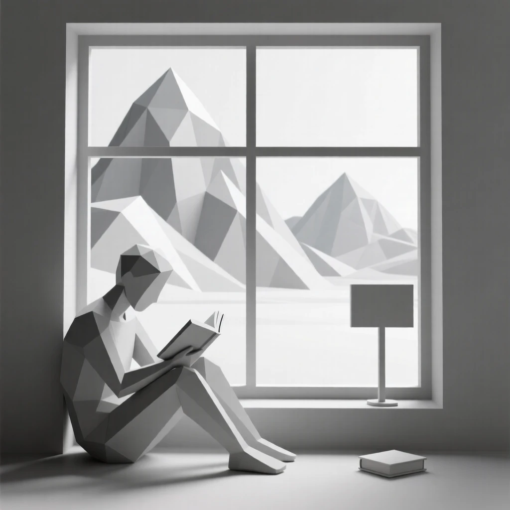 A reader curled up with a book by a rainy window, surrounded by towering mountains. the composition balances subject and open space. The atmosphere feels peaceful and mindful.