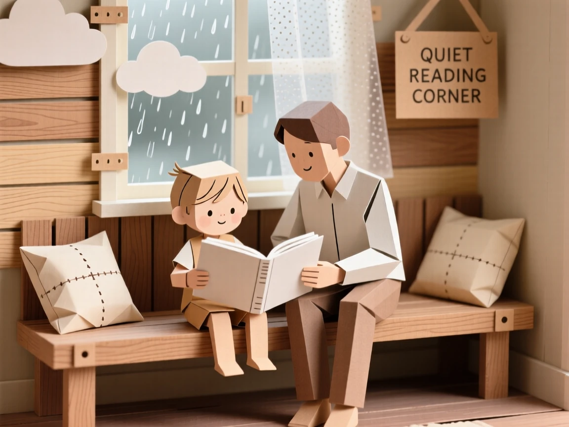 A curious toddler reading together in a cozy window nook, with gentle rain misting the air, evoking warmth and quiet connection.