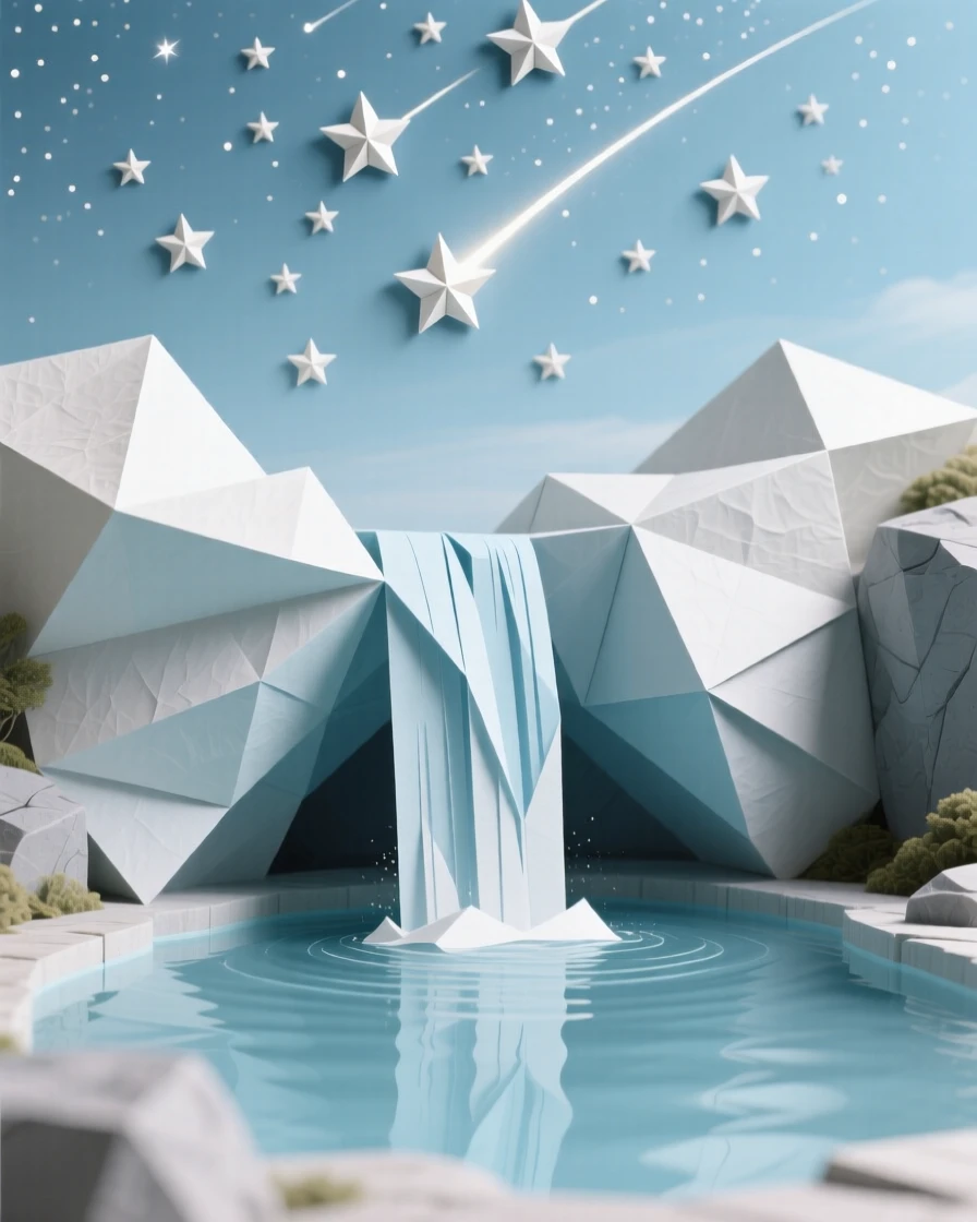 A hidden waterfall cascading into a pool that reflects a sky full of shooting stars.