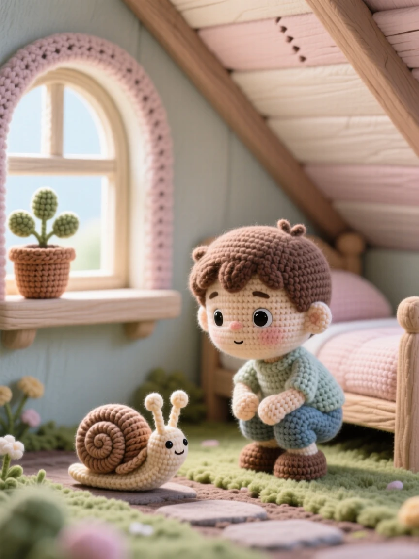 a small boy watching a snail cross a garden path, with quiet fascination, crouching low to get a closer look, in a snug attic bedroom under a sloped ceiling, with a small potted plant on the windowsill nearby, radiating soft nostalgic coziness.