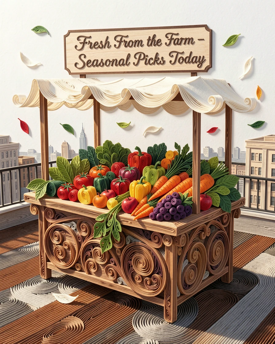 a farmers market stall overflowing with fresh produce, on a sunlit city rooftop terrace, composed with soft morning light and long shadows, with a light breeze catching loose fabric or leaves.