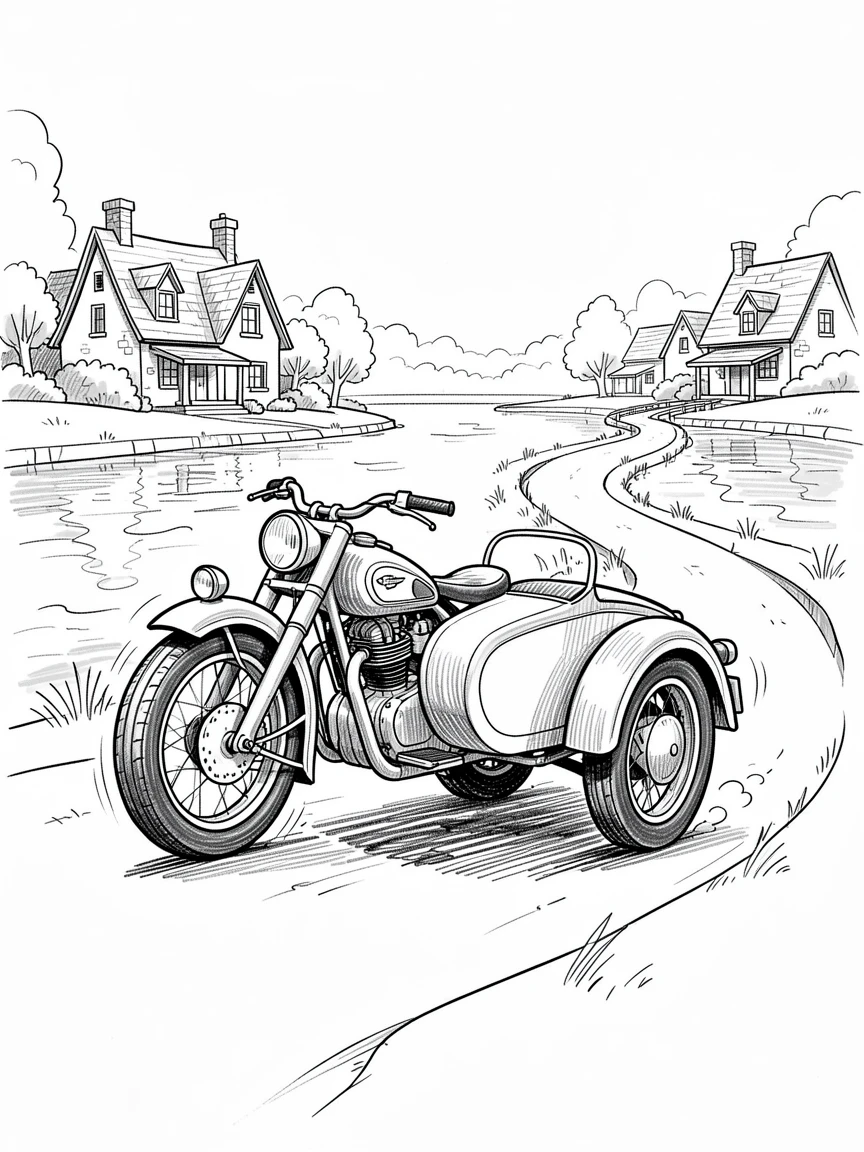 A vintage motorcycle with a sidecar touring a quiet lakeside village.