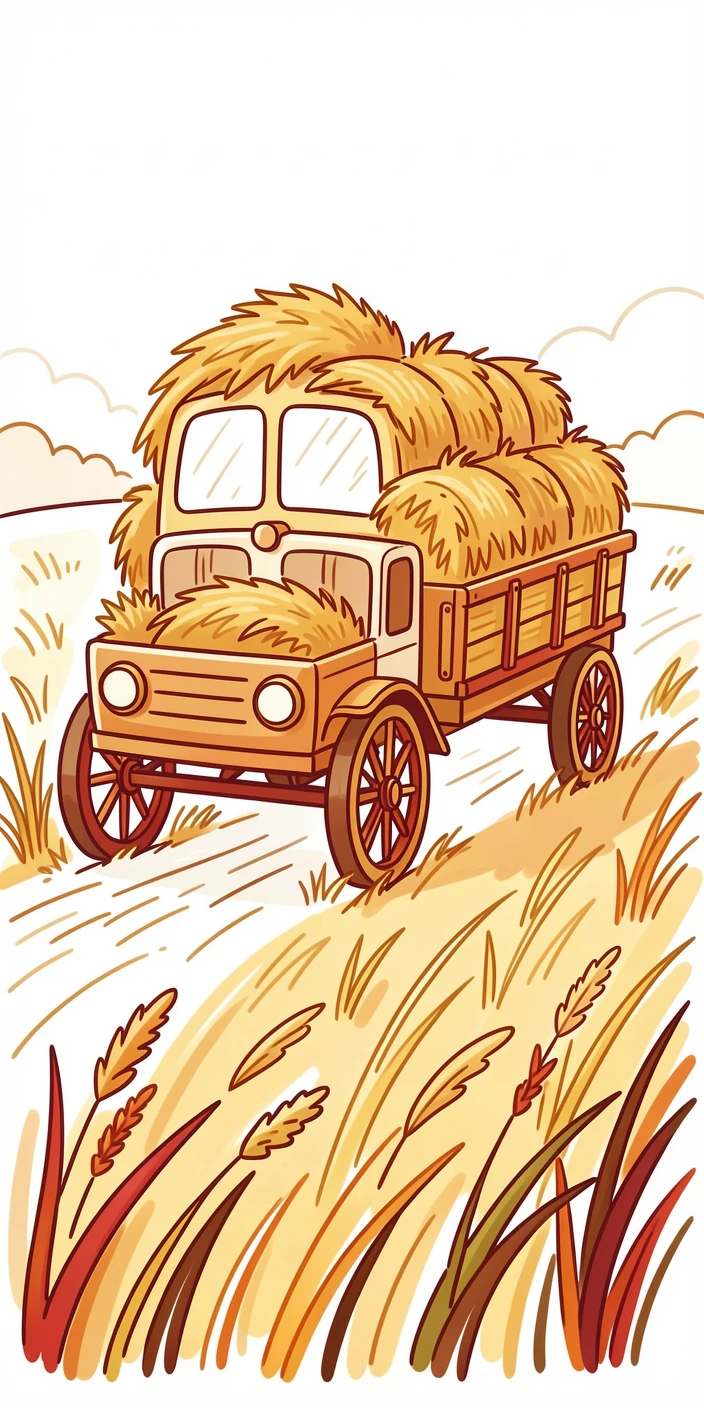 An autumn hayride scene with a wagon pulled through a golden field.