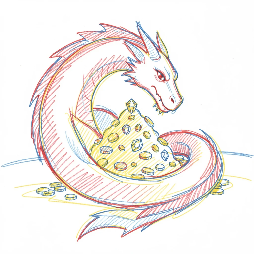 A dragon curled protectively around a mountain of glittering treasure