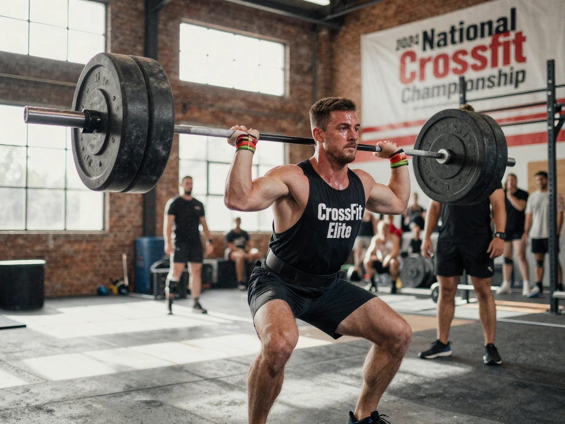 A CrossFit athlete lifting a heavy barbell mid-competition
