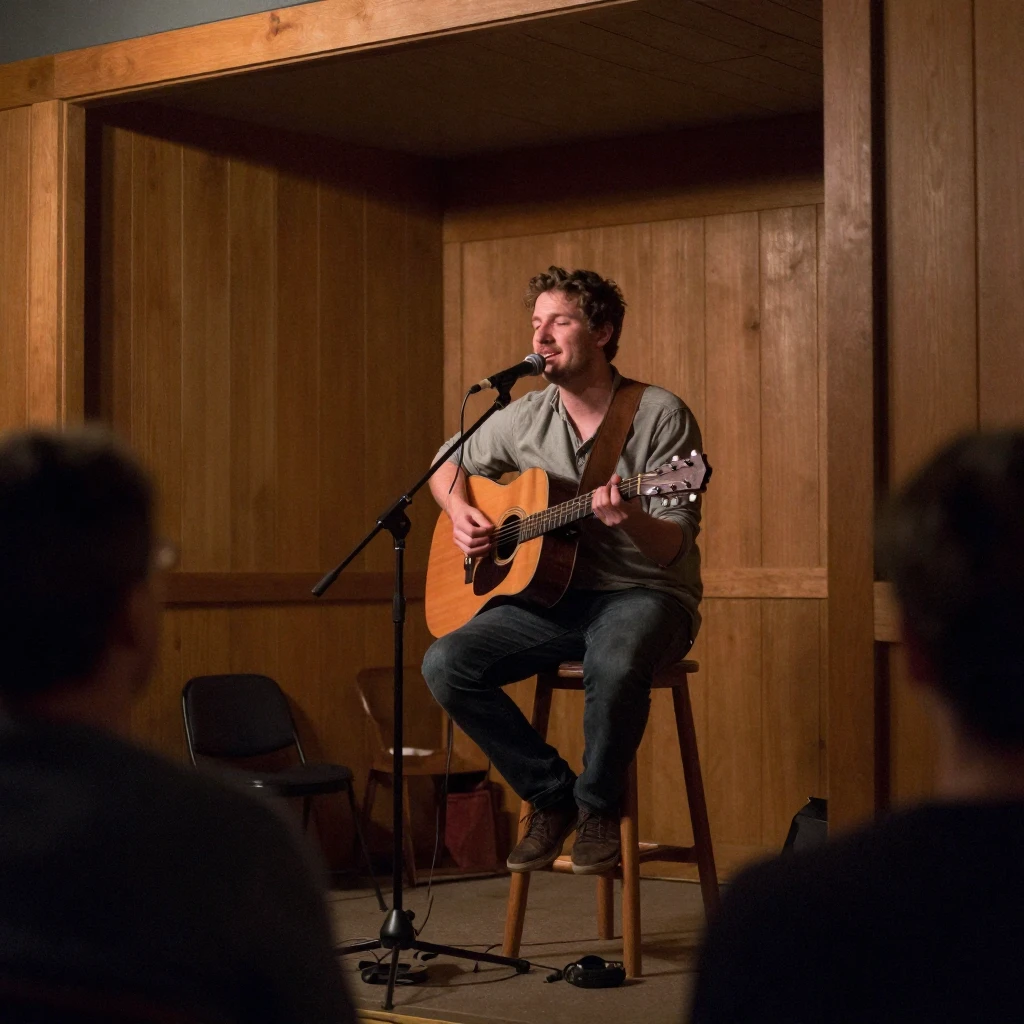 A folk singer performs solo on a small stage lit by a single spotlight.