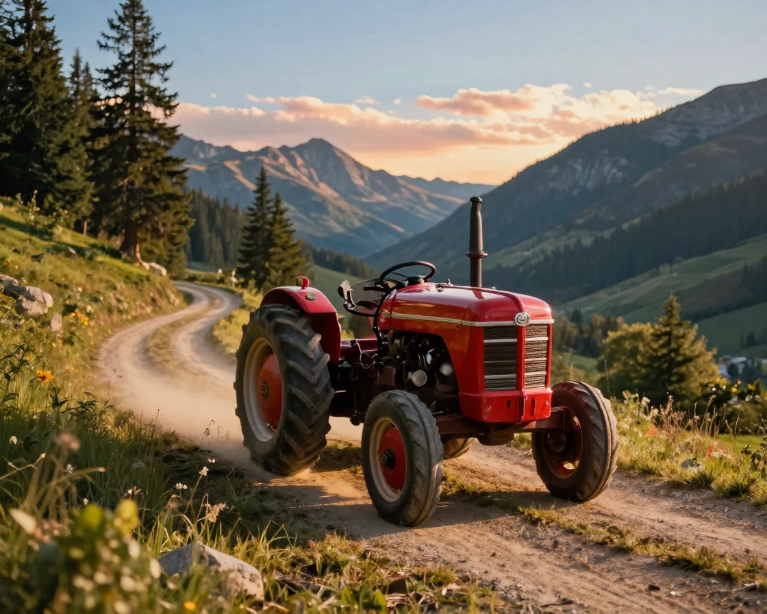 A classic red tractor winding through a mountain valley in the golden light of late afternoon