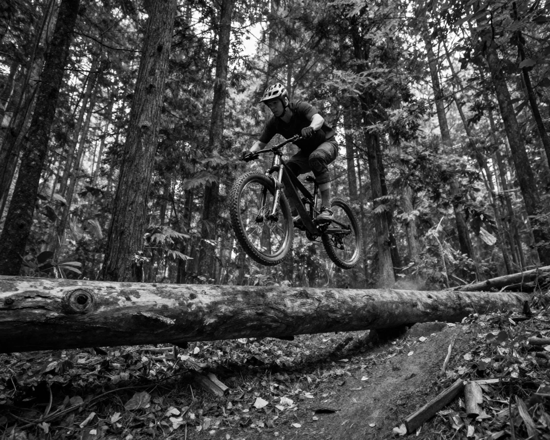 A mountain biker jumps a fallen log on a forest trail along a rugged forest trail.