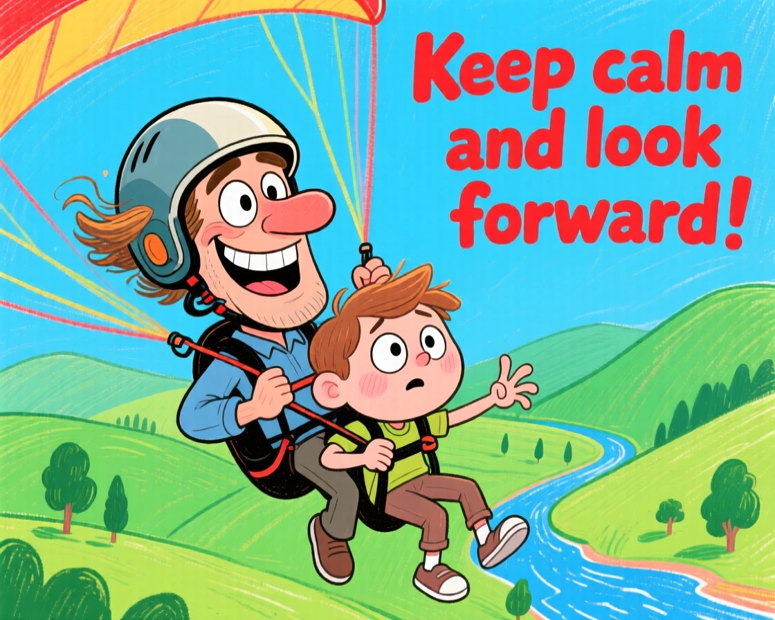 A paragliding instructor soaring above a green valley, instructing a nervous student.