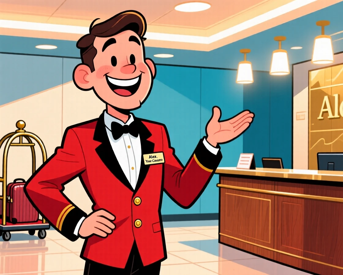 A vibrant profession-themed portrait of a friendly hotel concierge pausing to pose confidently for the camera, under bright overhead lights.