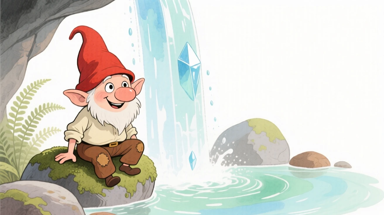 A mischievous gnome sitting beside a crystal-clear waterfall in a hidden grotto