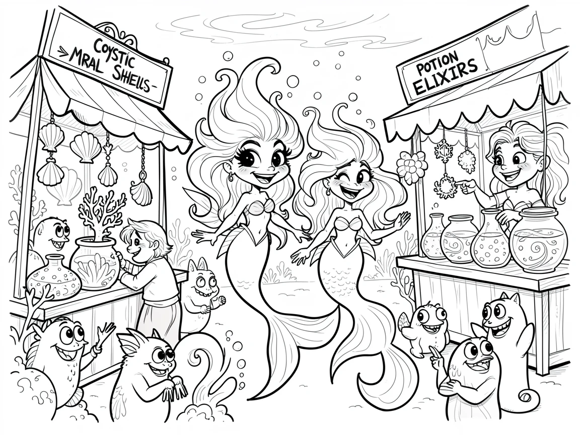 [Fantasy & Imaginative Scenarios] Imaginative fantasy scene of a mermaid market bustling beneath the waves with colorful stalls, brimming with wonder