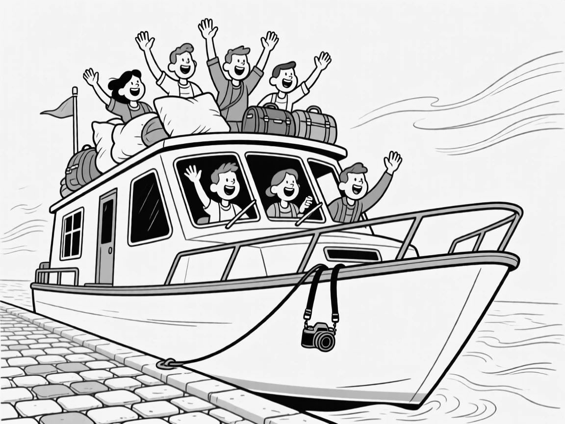 A group cheering atop a rented houseboat, waving through a windshield stacked with pillows and bags, set on a windy cobblestone street. A camera strap dangles dangerously close to the ledge. There's a light, adventurous spirit running through the moment.