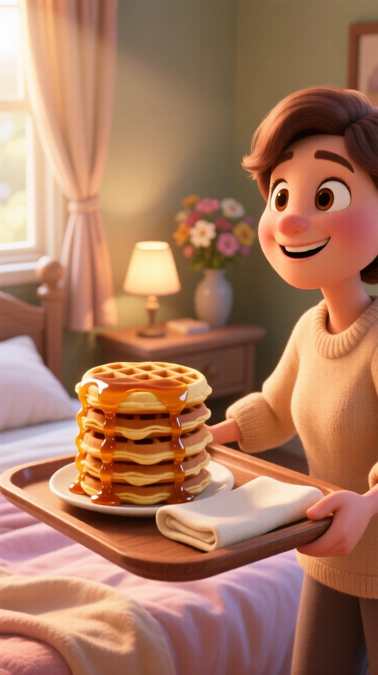 A stack of fluffy waffles drizzled with syrup sits on a tray carried to a cozy bedroom, next to a folded linen napkin. A cheerful, mouthwatering warmth surrounds the dish.
