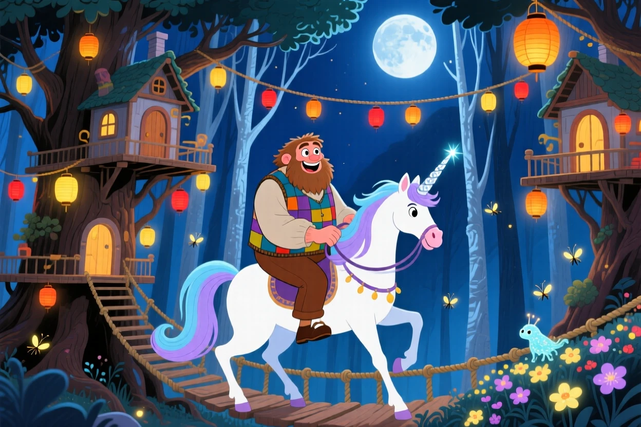 In a treehouse village strung with lanterns, a friendly giant discovers a moment of wonder while riding a unicorn through a moonlit forest, with the whole scene bathed in soft moonlight.
