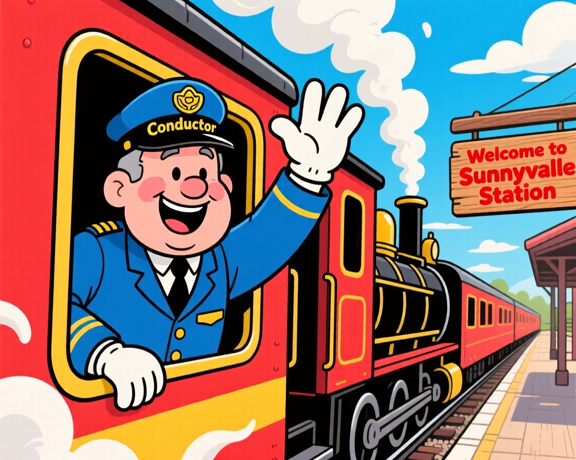 A train conductor waving from the window of a departing train.