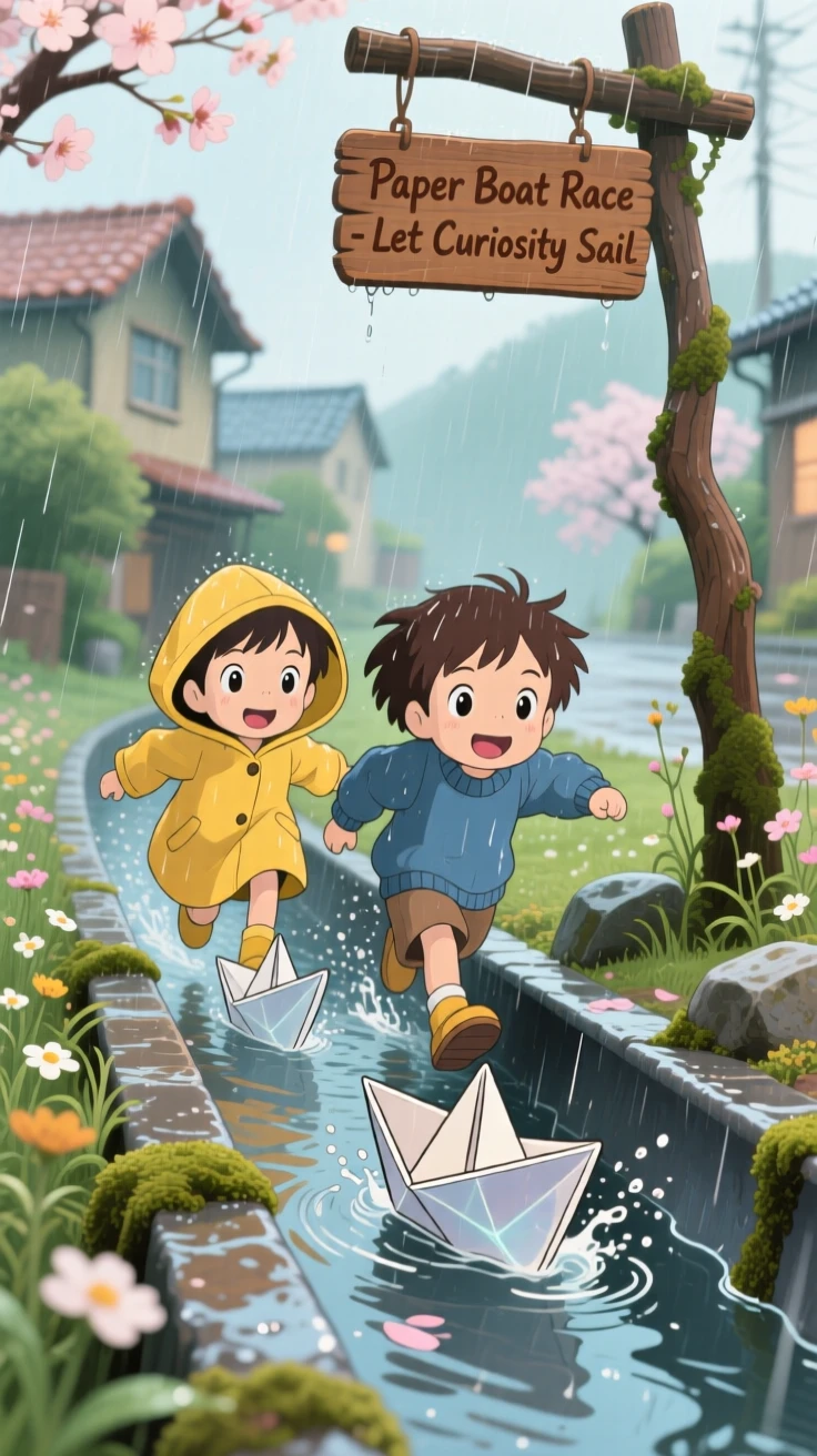 Children racing paper boats down a rain gutter, the moment bursting with curiosity.