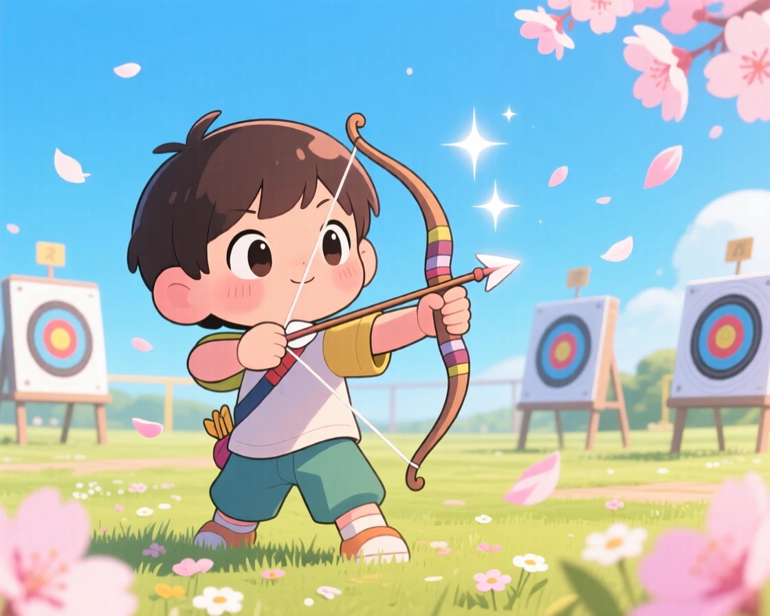 A child practicing archery with a small bow, framed as a three-quarter view within a sunny outdoor range, as cherry blossom petals drift on the breeze, glowing under sparkling starlight, evoking brave confidence.