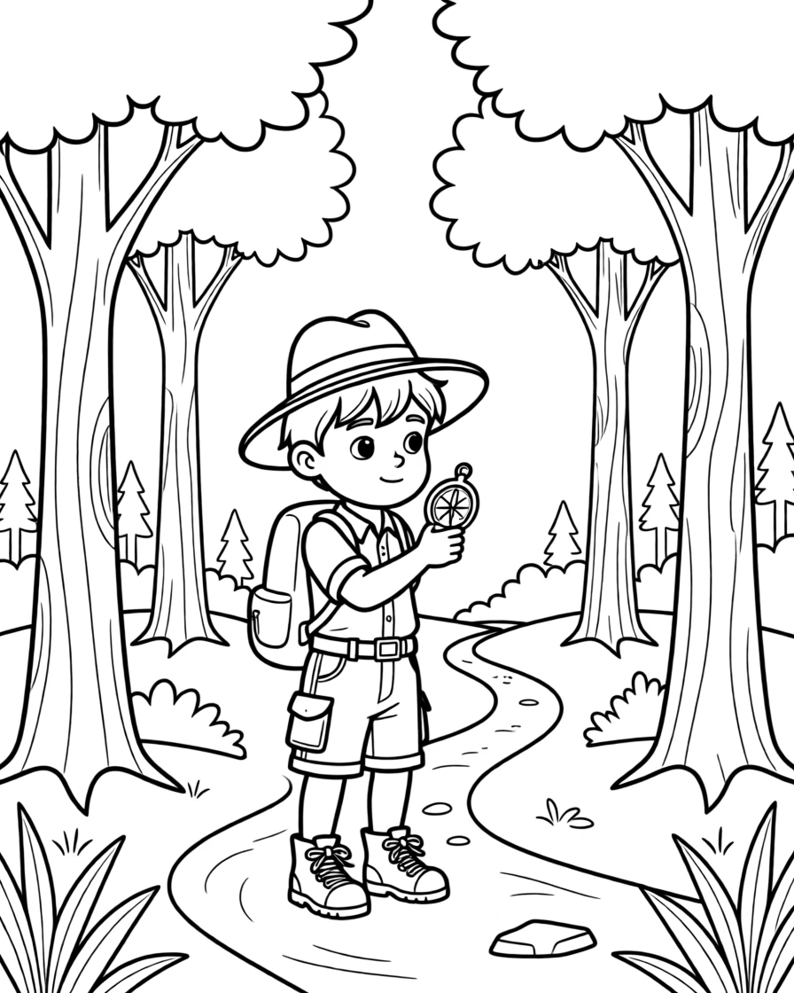 A young explorer using a compass to find their way through a forest