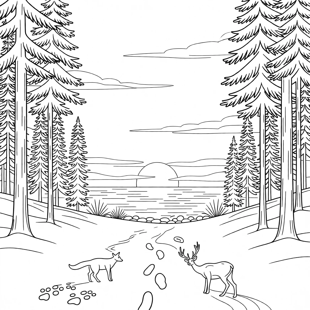 A snow-dusted forest with animal tracks winding through, a hazy sunset melting into shades of orange over the sea.