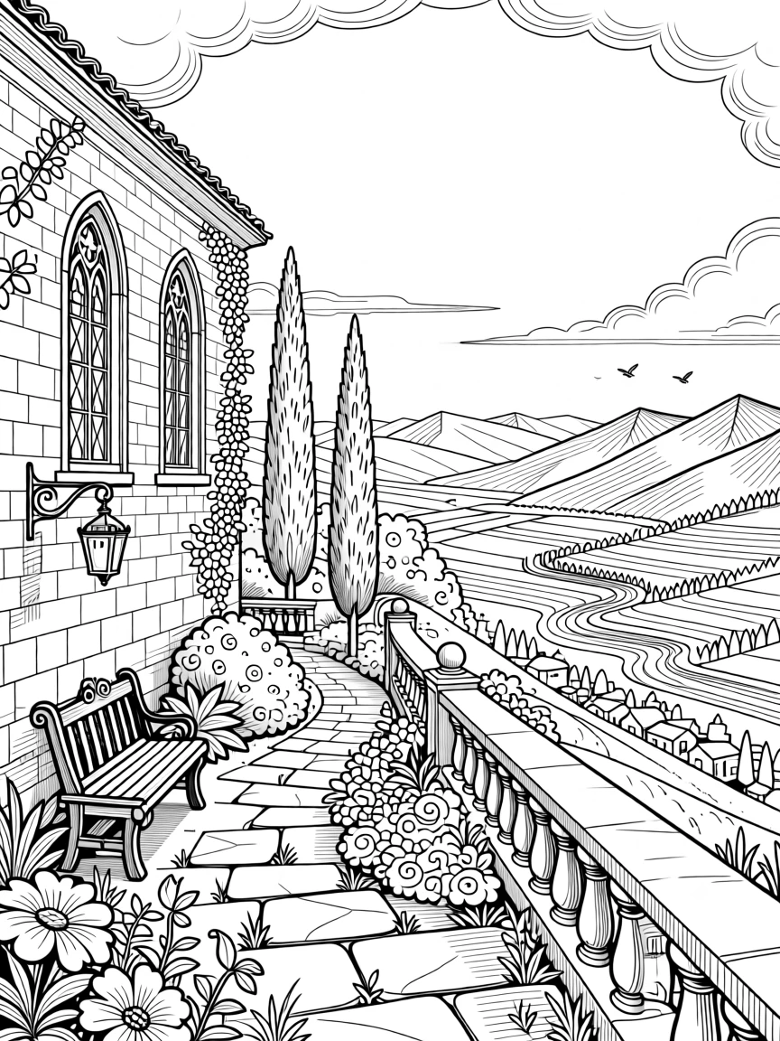 A hillside monastery garden overlooking a mountain valley.