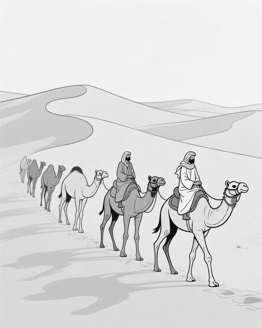 A desert camel caravan crossing golden sand dunes