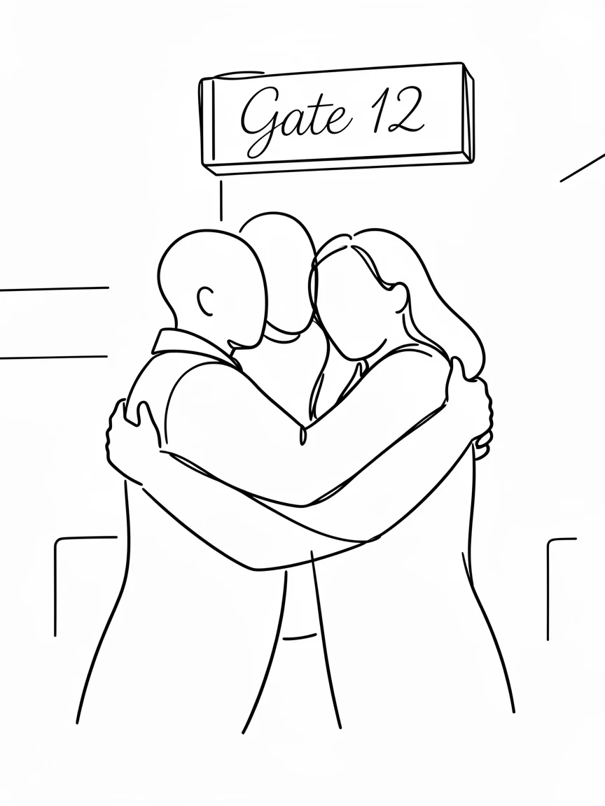 A group of friends reuniting with a warm embrace at an airport gate