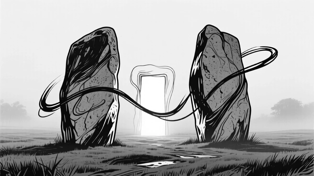 A hidden portal glowing between two ancient standing stones in a foggy field.