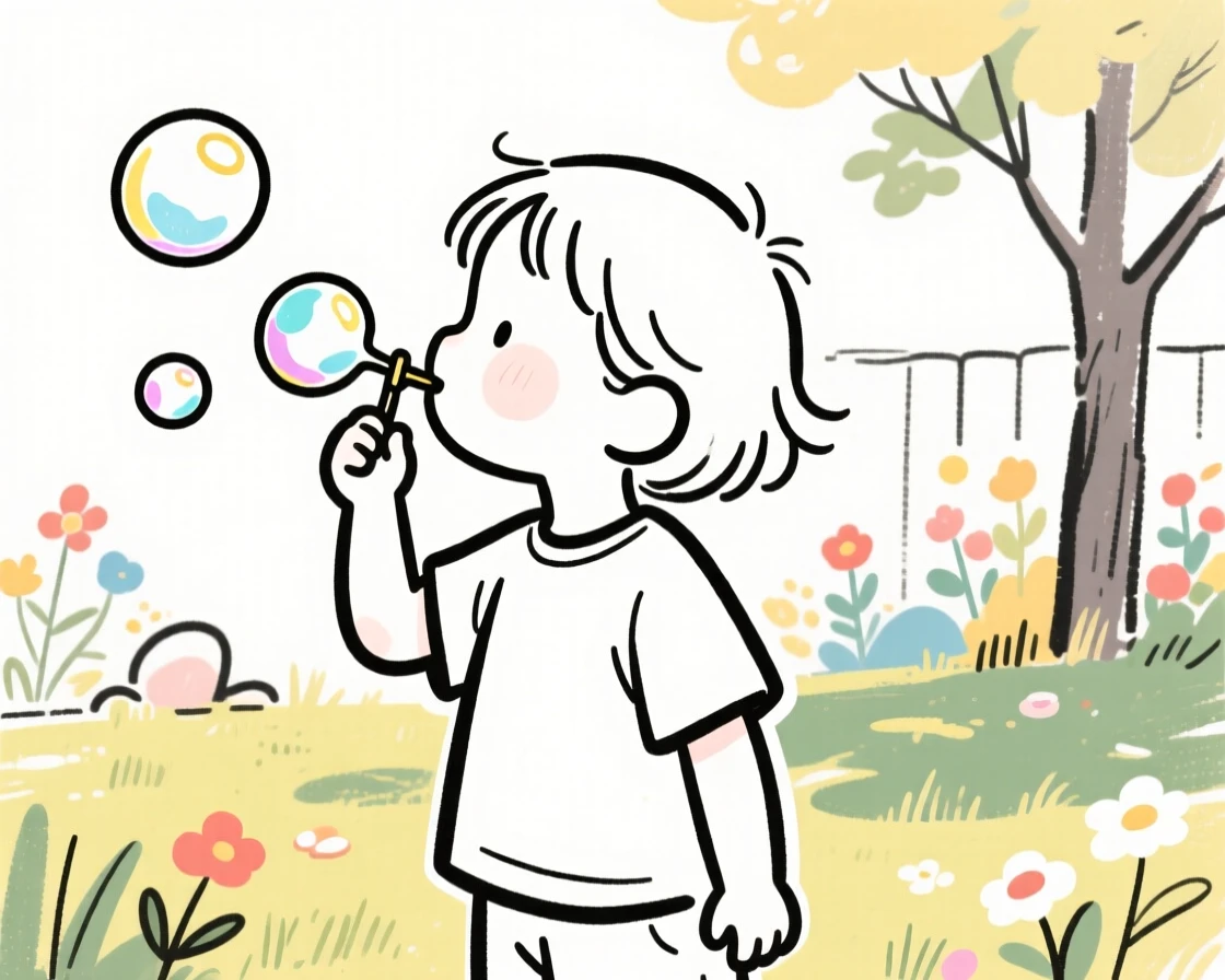 A young child blowing bubbles in a sunny backyard garden.