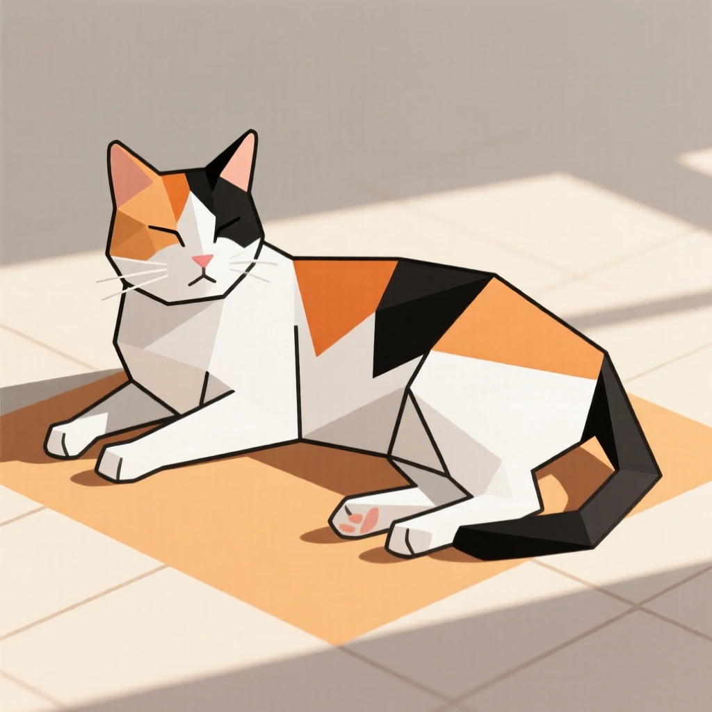 A calico cat lounging in a sunny spot